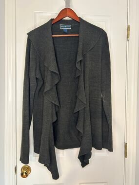 Karen Scott Women’s Gray Ruffle Front Open Cardigan Sweater Size M Acrylic